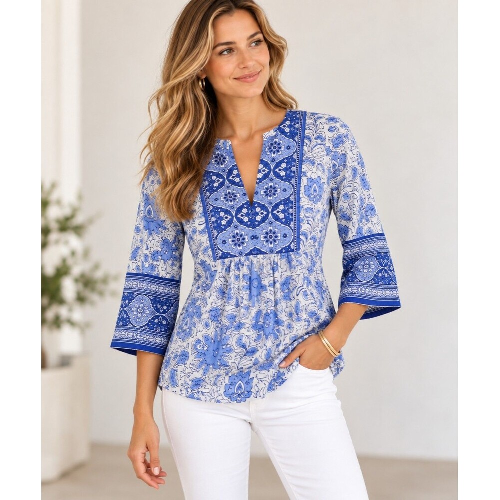 Bella Tu Womens Small Blue White Floral Embroidered Beaded Tunic Blouse Boho